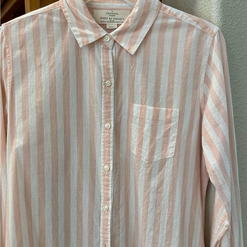 Travota Birds of Paradise 100% cotton pink & white striped long sleeved blouse